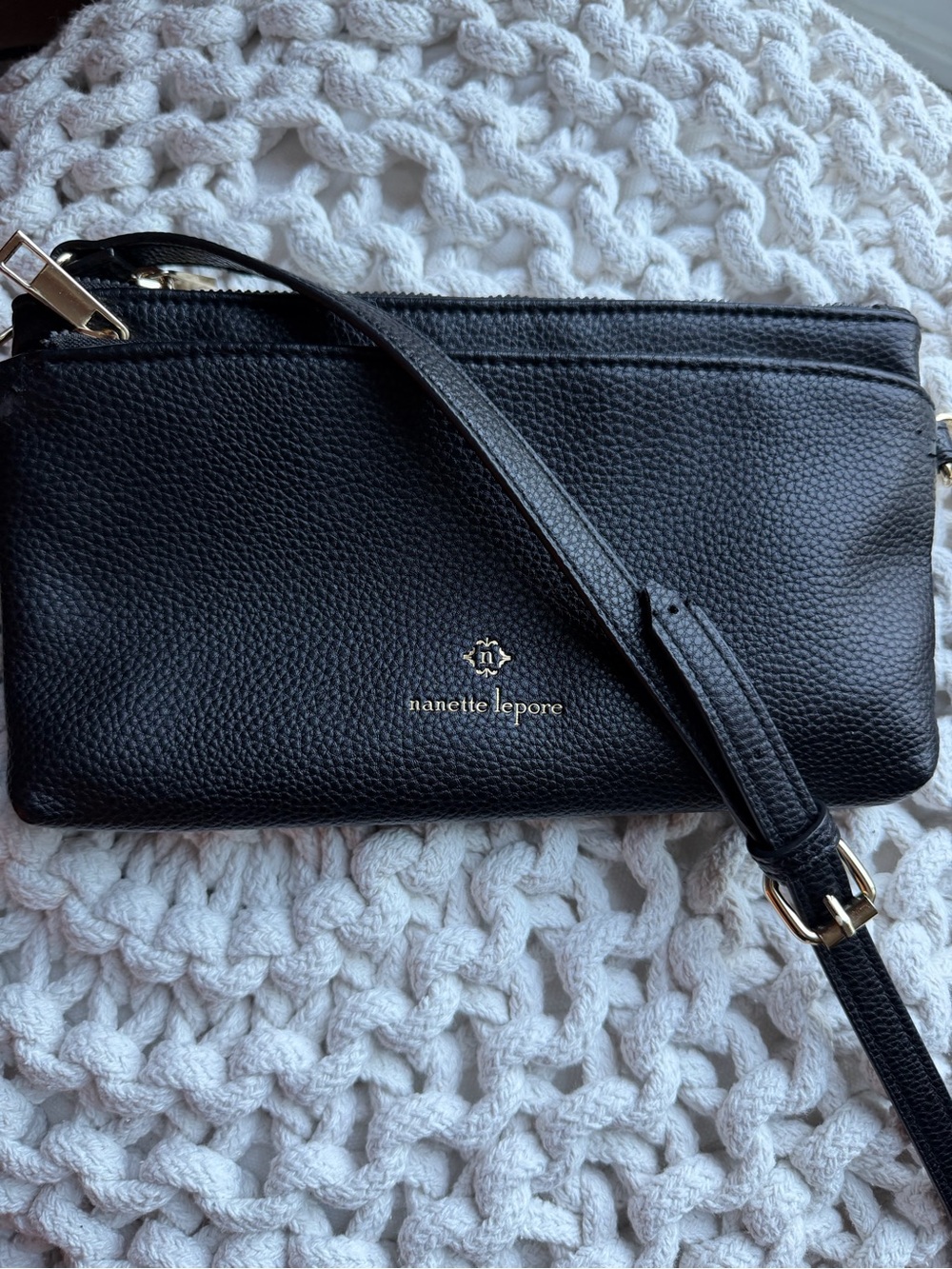 Nanette Lepore Black Pebbled Leather Crossbody Clutch with Gold Logo